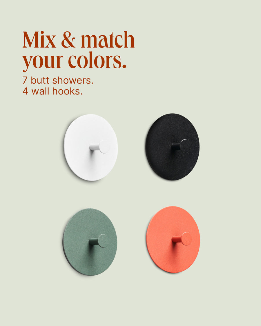 Wall hooks in four colours for the Bidetlity Starter Set