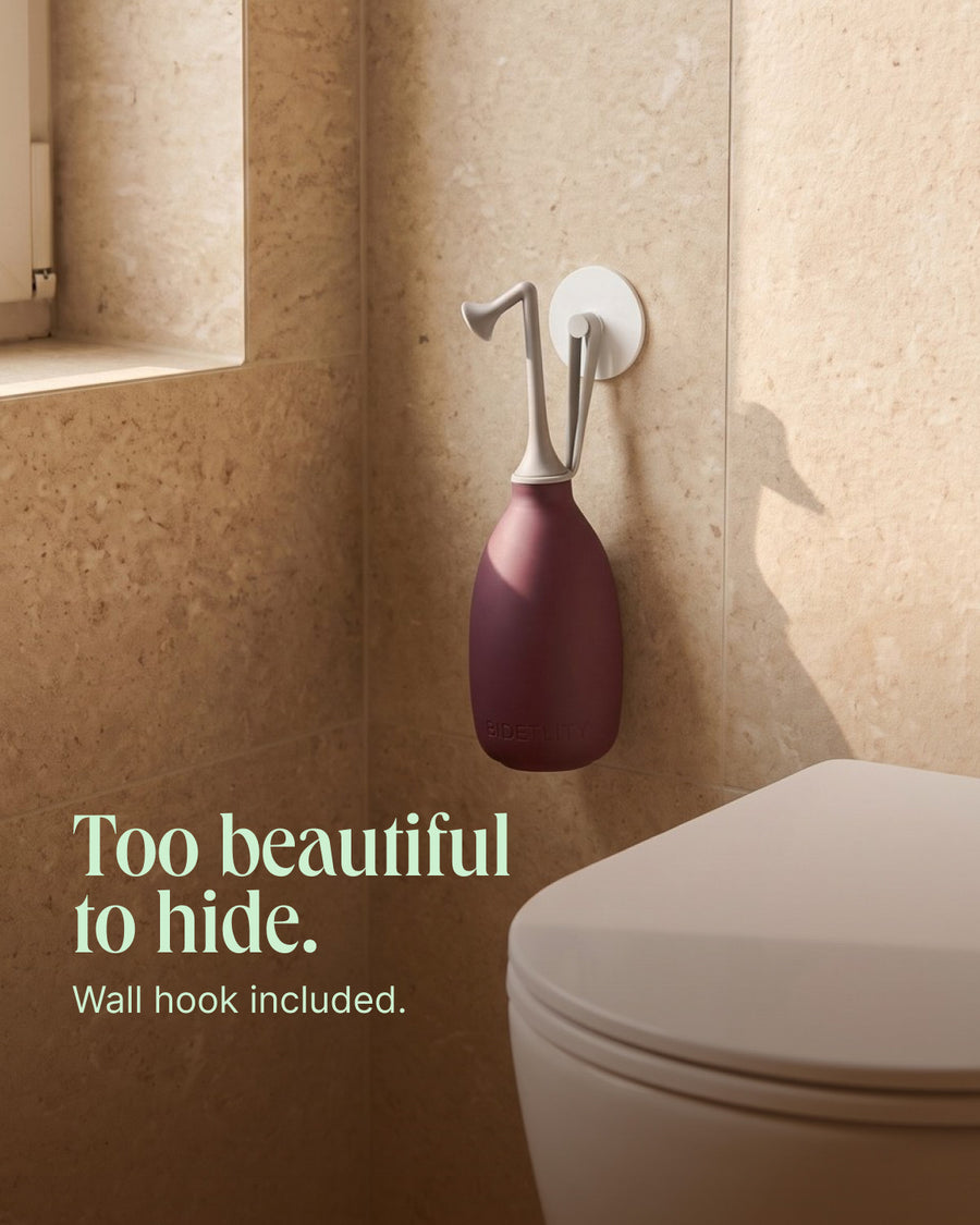 Bidetlity butt shower on the wall hook next to the toilet