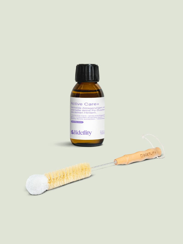 Reinigungs-Set für Po-Duschen – ActiveCare+ Reinigungsmittel & vegane Reinigungsbürste für hygienische Pflege | Bidetlity